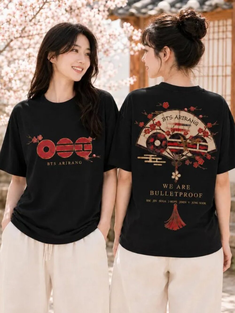 BTS Arirang Bulletproof Folding Fan Shirt, Two Sided Cherry Blossom Graphic Tee